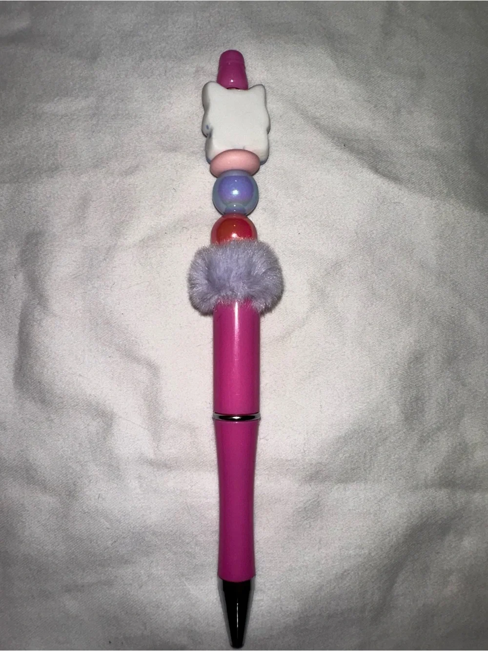 Cute Pink Cat Bead Pen with Pom Accent